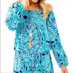 RARE Lilly Pulitzer Lana Off Shoulder Romper Tortuga Time Turtles Turquoise XS